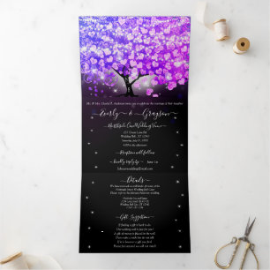 Elegante Lila Pink Heart Leaf Tree Wedding Dreifach Gefaltete Einladung