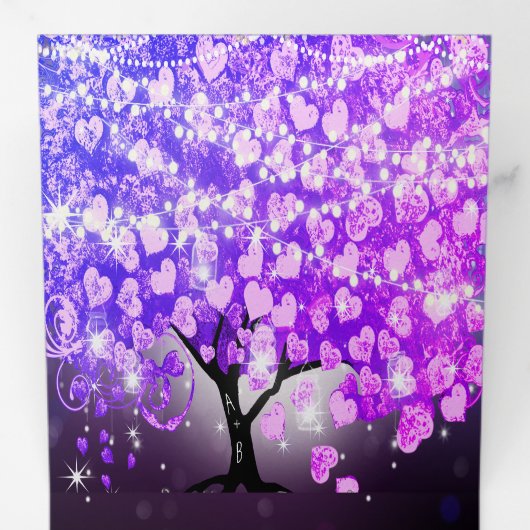 Elegante Lila Pink Heart Leaf Tree Wedding Dreifach Gefaltete Einladung (Innen Erste Seite)