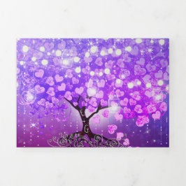Elegante Lila Pink Heart Leaf Tree Wedding Dreifach Gefaltete Einladung