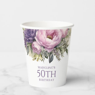 Elegante lila rosa Blumen 50. Geburtstag Pappbecher