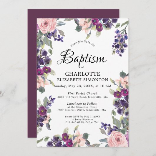 Elegante Lila rosa Blumentaufe Einladung (Vorne/Hinten)