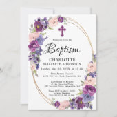 Elegante, Lila rosa, florale Goldrahmen-Taufe Einladung (Vorderseite)
