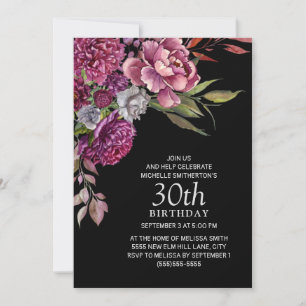 Elegante lila rosa florale schwarze 30. Geburtstag Einladung