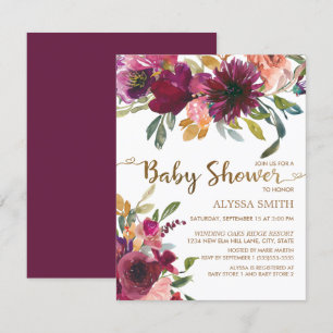 Elegante lila rosa goldene florale Schrift Baby Sh Einladung