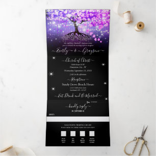 Elegante Lila Rosa Herz Blatt Baum Hochzeit Dreifach Gefaltete Einladung