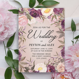 Elegante Lila Rosa-Peonies Hochzeit mit Blumen Einladung