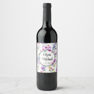 Elegante lila rosa Wasserfarben-Wildblumen Weinetikett