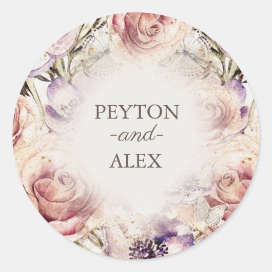 Elegante Lila rosafarbene Creme Blumenschmetterlin Runder Aufkleber (Vorderseite)