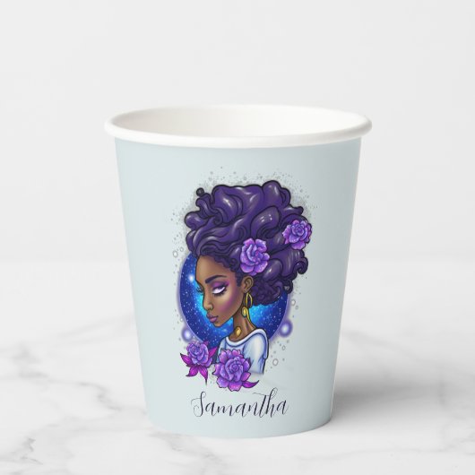 Elegante Lila Rose Afro Woman Pappbecher (Rückseite)