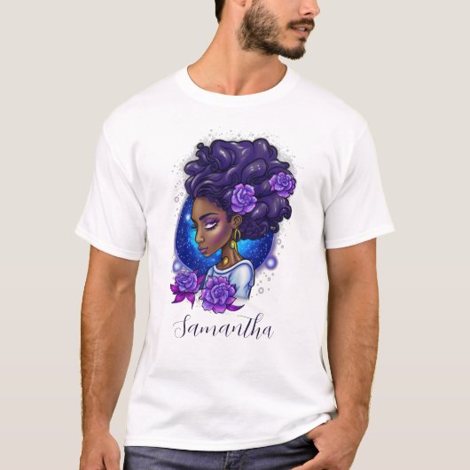 Elegante Lila Rose Afro Woman T-Shirt (Vorderseite)