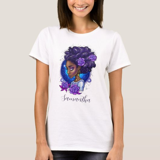 Elegante Lila Rose Afro Woman T-Shirt (Vorderseite)