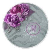 Elegante Lila Rose auf Silver Background Monogramm Keramikknauf (Vorderseite)