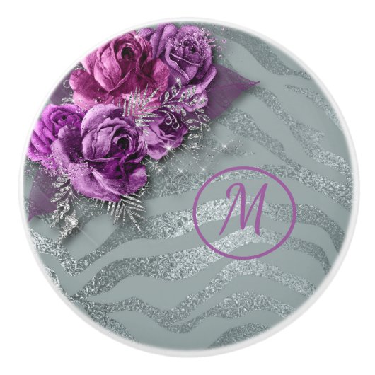 Elegante Lila Rose auf Silver Background Monogramm Keramikknauf (Vorderseite)