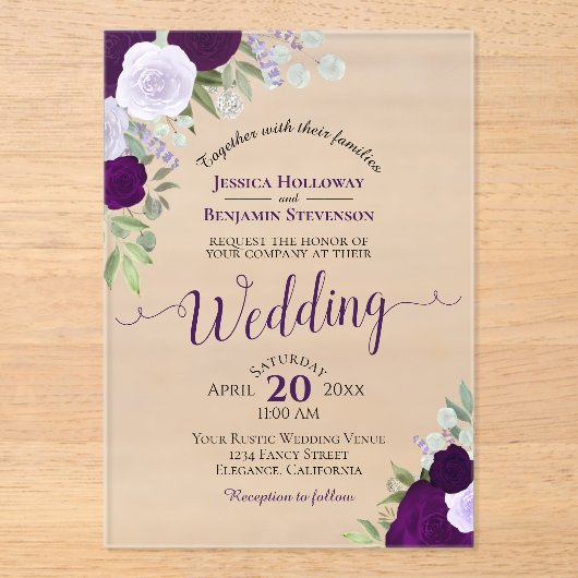Elegante Lila Rose Boho Wedding Acryleinladungen (Vorderseite)