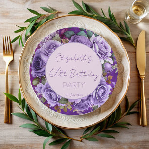 Elegante lila Rose Geburtstagsparty mit Monogramm Pappteller