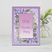 Elegante Lila Rose Gerahmt 80. Geburtstag Einladung (Stehend Vorderseite)