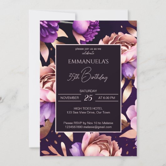 Elegante lila Rose Gold Blumengeschmack Einladung (Vorderseite)