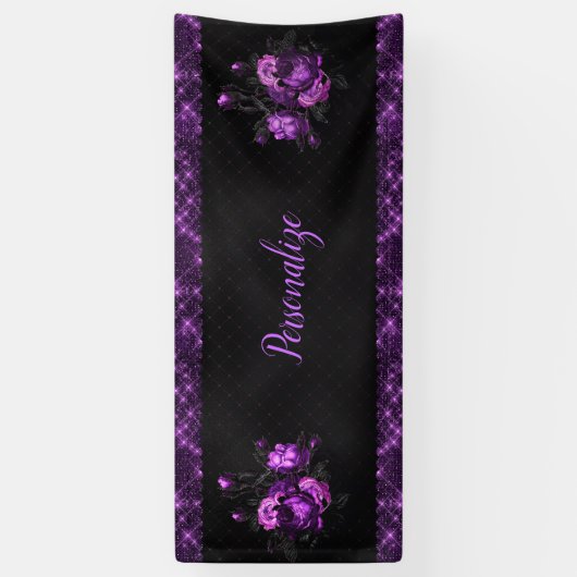Elegante Lila Rose & Grenzen auf Black Personalize Banner (Vertikal)
