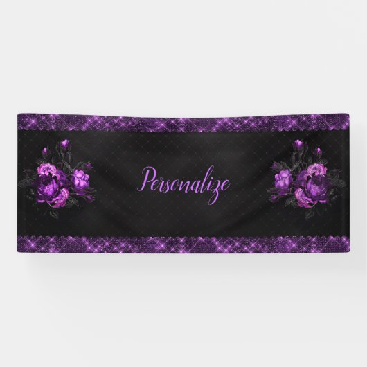 Elegante Lila Rose & Grenzen auf Black Personalize Banner (Horizontal)