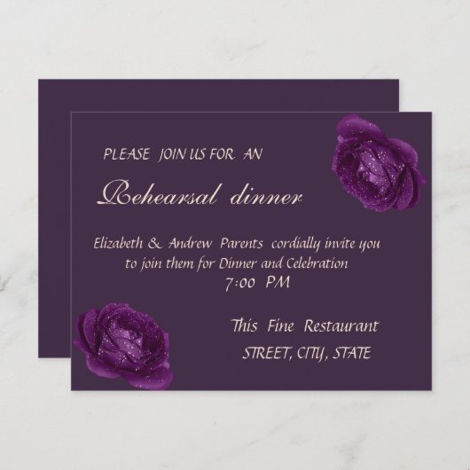 Elegante Lila Rose Probe Abendessen Einladung (Vorne/Hinten)