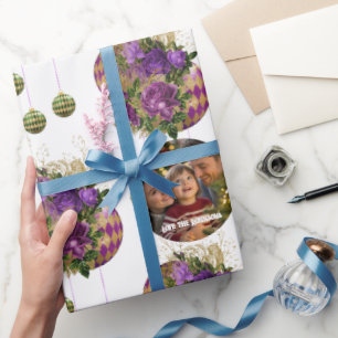 Elegante Lila Rose und Bauble Weihnachten Foto Geschenkpapier