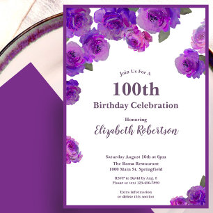 Elegante lila Rosen Damen individuell 100. Geburts Einladung