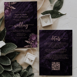 Elegante lila Rosen-Gold-Blumen-Hochzeit mit QR-Co Einladung