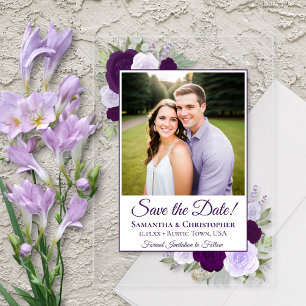Elegante lila Rosen Hochzeit Termin Foto Acryleinladungen