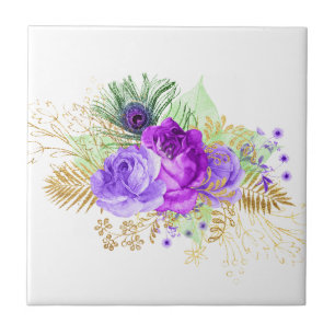 Elegante lila Rosenblume goldene Blätter floral Fliese