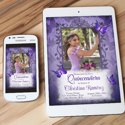 Elegante Lila Schmetterlinge Quinceanera Prinzessi Einladung