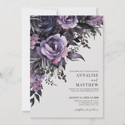 Elegante Lila Schwarze Flora Hochzeit Einladung (Vorderseite)
