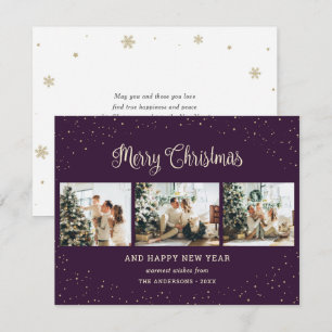 Elegante Lila Snow Foto Collage Weihnachtskarten Feiertagskarte