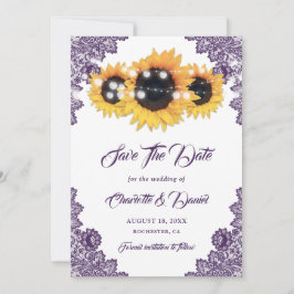 Elegante lila Sonnenblumen-Blumen-Spitzen-Hochzeit Save The Date