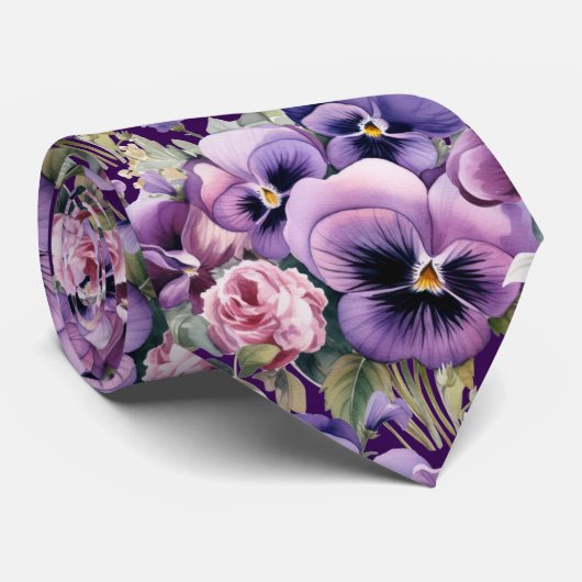 Elegante Lila Stiefmütterchen Pansy Floral Neck Ti Krawatte (Gerollt)