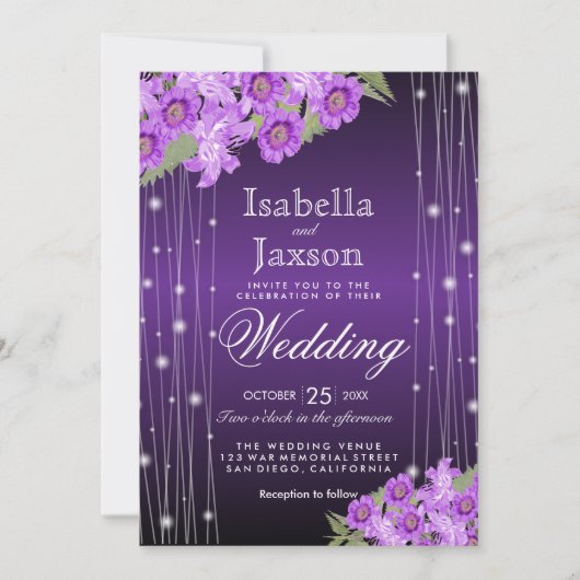 Elegante Lila String Lights Blumenhochzeit Einladung (Vorderseite)