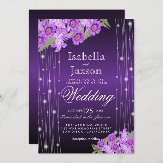 Elegante Lila String Lights Blumenhochzeit Einladung (Vorne/Hinten)