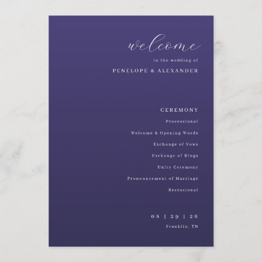 Elegante lila typografische Hochzeitszeremonie Programm (Vorderseite)