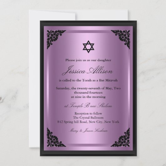 Elegante Lila- und Black Bat Mitzvah Einladung (Vorderseite)
