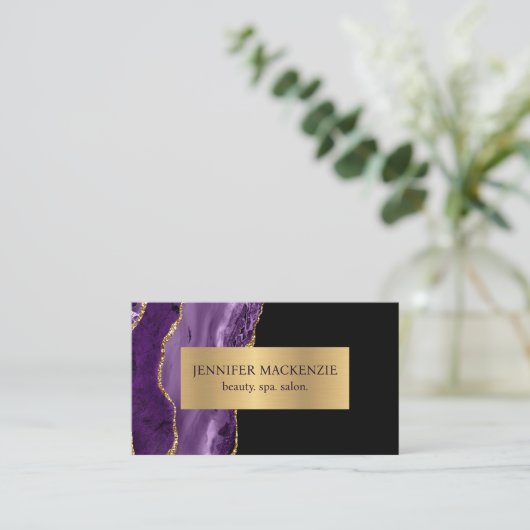 Elegante Lila und Black Gold Agate Business Card Visitenkarte (Stehend Vorderseite)
