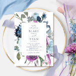 Elegante Lila und blaue Botanische Hochzeit Einladung<br><div class="desc">Freuen Sie sich auf diese atemberaubende Blumeneinladung, die Ihre Hochzeitsdetails mit wunderschönen Blume in lila, violetten, lila, staubblauen und marinösen Farbtönen präsentiert. Die Rückseite der Karte zeigt Blumenstrauß- und Aquarellflecken mit Paarinitialen. Teil unserer Kollektion "Lila und blaue Blüten" mit einer Vielzahl von Produkten zur Koordination. Die gesamte Sammlung finden Sie...</div>