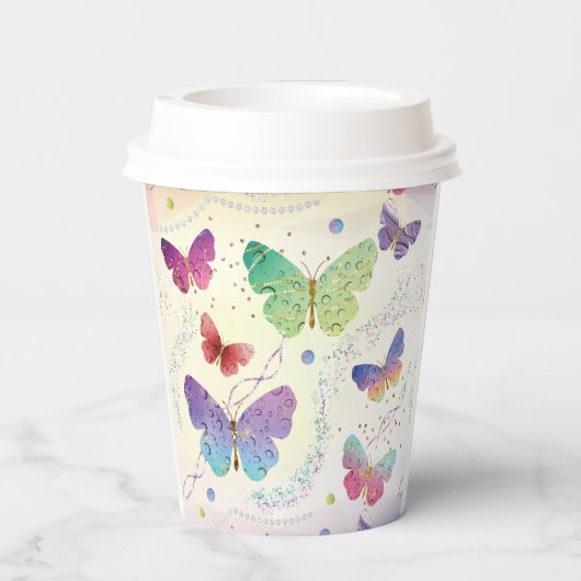 Elegante Lila und blaue Schmetterlinge Pappbecher (Rückseite)