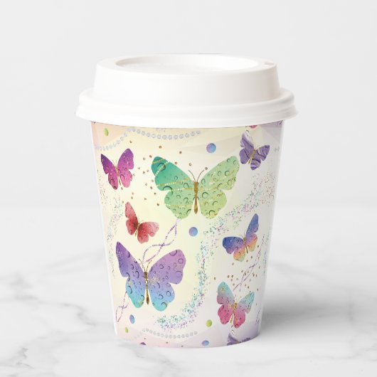 Elegante Lila und blaue Schmetterlinge Pappbecher (Vorderseite)