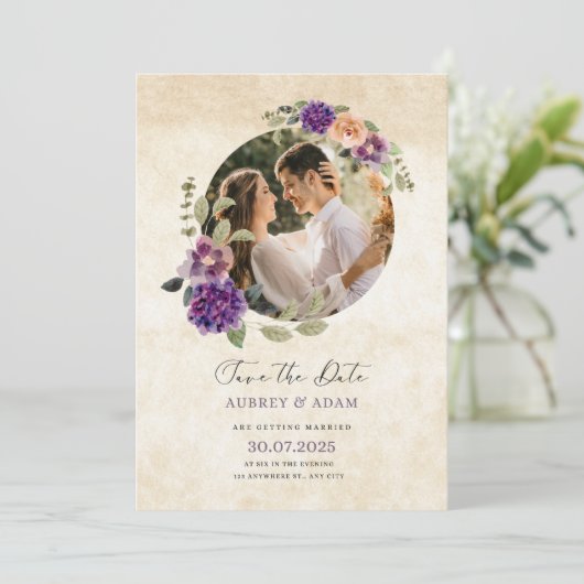 Elegante Lila und braune Rustikale Hochzeit. Einladung (Stehend Vorderseite)