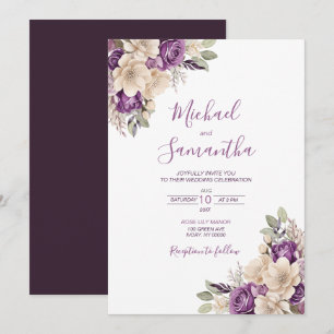 Elegante lila und elfenbeinfarbene Hochzeitsrose Einladung
