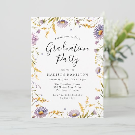 Elegante Lila und gelbe Blütenschwerkraft Einladung (Stehend Vorderseite)