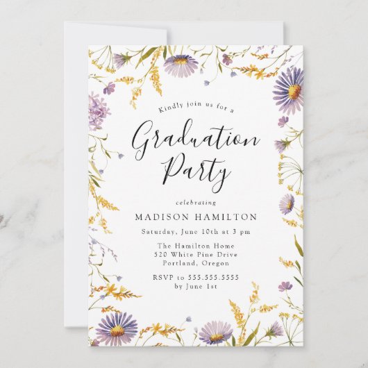 Elegante Lila und gelbe Blütenschwerkraft Einladung (Vorderseite)