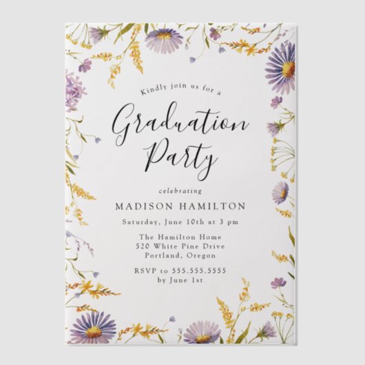 Elegante Lila und gelbe Blütenschwerkraft Pergament Einladungen (Vorderseite)