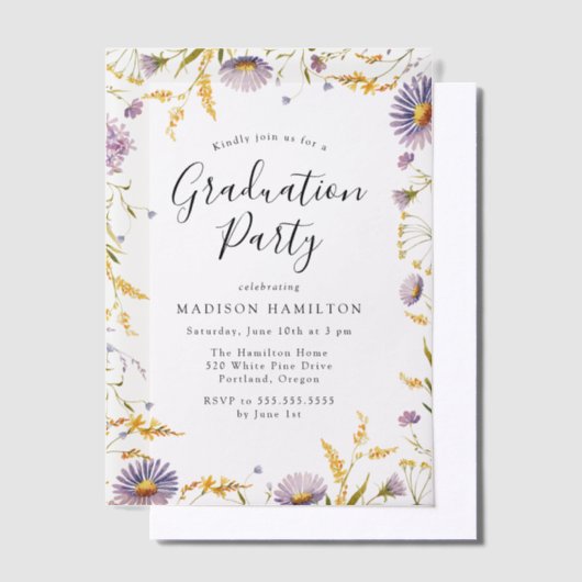 Elegante Lila und gelbe Blütenschwerkraft Pergament Einladungen (Versetzt)