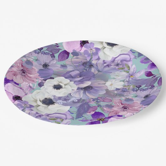 Elegante Lila und gewalttätige Wildblumen und Himm Pappteller (Schrägansicht)