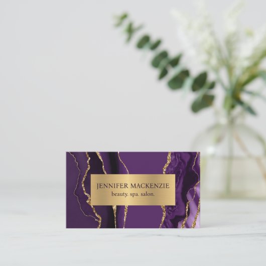Elegante Lila und Gold Agate Business Card Visitenkarte (Stehend Vorderseite)